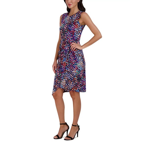 Donna Ricco Women's Twisted Asymmetrical-Hem Waist Knot Printed Dress Multi 8 - Picture 2 of 10